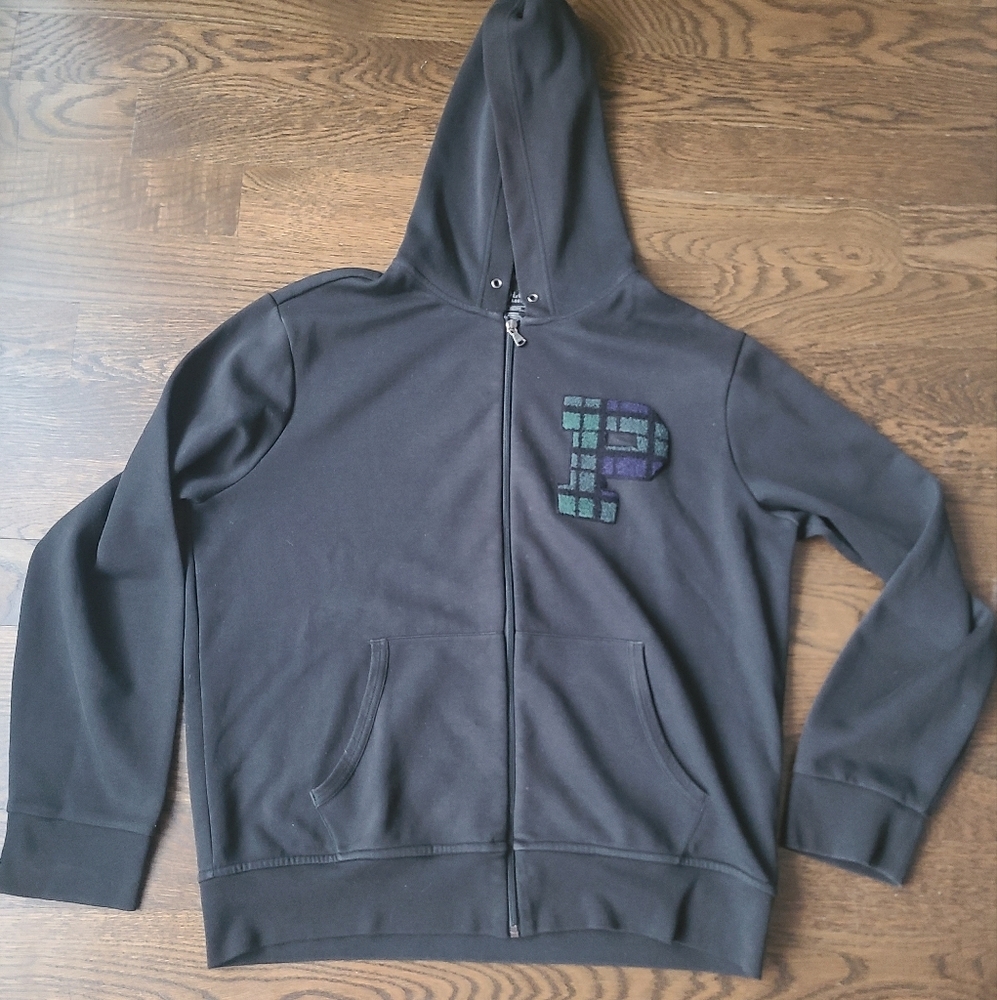 Polo Ralph Lauren Black Zip-Up Hoodie with Plaid Logo Mens Sz.L